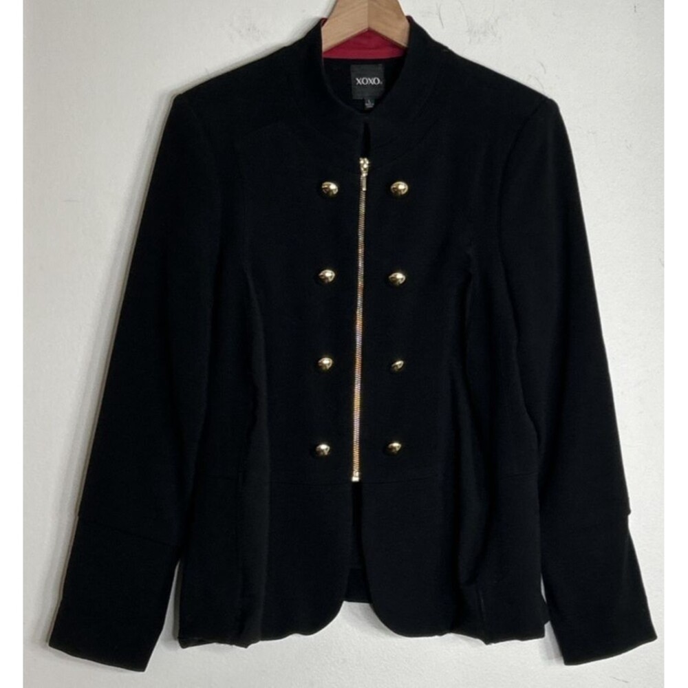 XOXO Womens Jacket Coat Lined Gold Buttons Military Steam Punk Zip Black Large